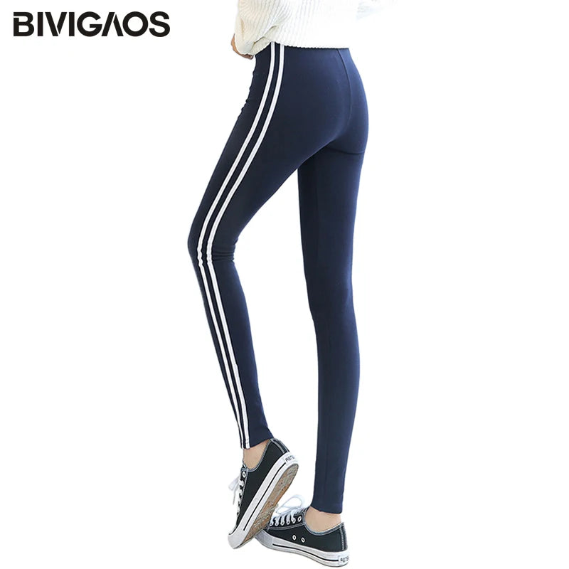 Womens New Casual Leggings Side White Stripe Elastic Cotton Leggings Pants Women Clothing Fashion Legging for Women