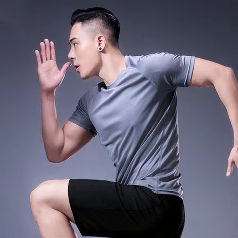 Running Shirt Dry Fit Gym Shirt Men Breathable Sports Training Quick Drying Elastic Exercise Fitness Gym Short Sleeve Reflective