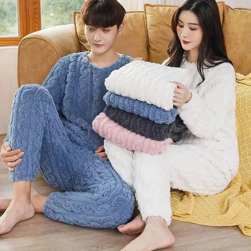 Winter Pajamas Sets Homewear Solid Color Loose Thickened Coral Velvet Pullover Long Sleeves and Trousers Warm Pajamas Indoor Outdoor Casual Clothes