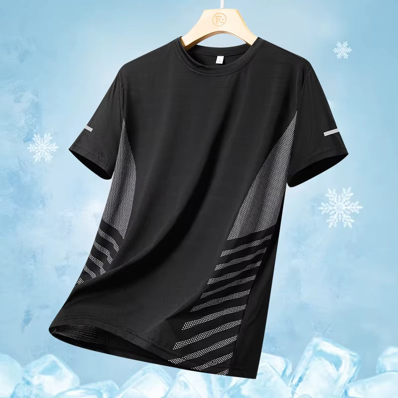 Running T-Shirt Men Summer Ice Silk Thin Top Reflective Printing Quick Dry Short Sleeve Breathable Fitness Sports T-Shirt 5XL