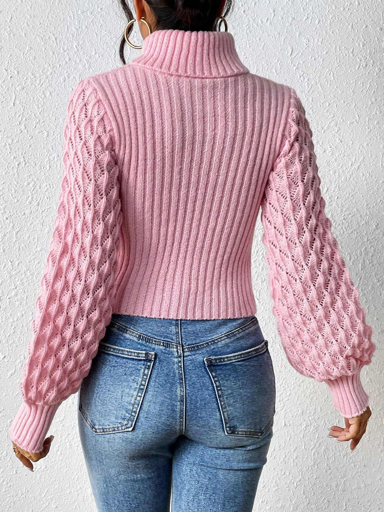 Chiquease Solid Turtleneck Cut Out Front Cable Knit Sweater,Long Sleeve Tops Knit Pullover Fall Winter Sweater
