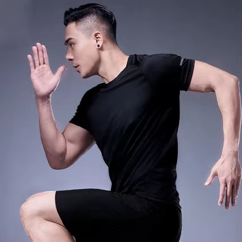 Running Shirt Dry Fit Gym Shirt Men Breathable Sports Training Quick Drying Elastic Exercise Fitness Gym Short Sleeve Reflective