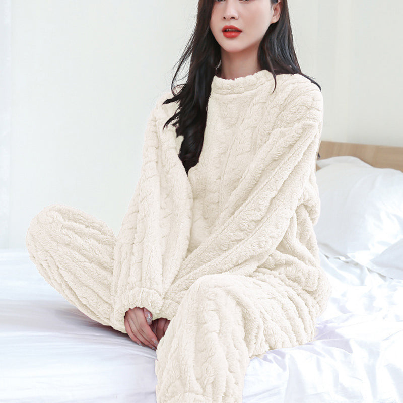 Winter Pajamas Sets Homewear Solid Color Loose Thickened Coral Velvet Pullover Long Sleeves and Trousers Warm Pajamas Indoor Outdoor Casual Clothes
