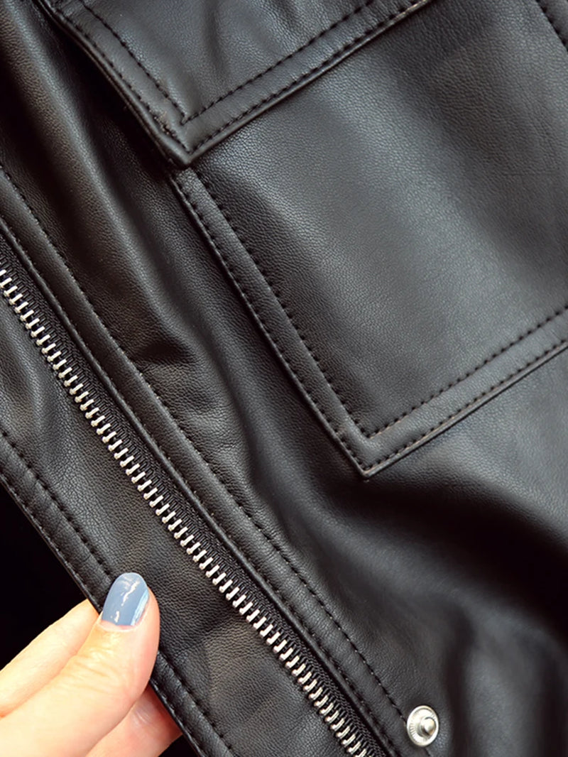Slim PU Coats Women Faux Leather Jackets Vintage Motor Biker Jackets Elegant Tie Belt Waist Pockets Buttons Coats