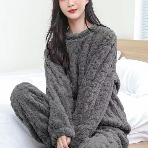 Winter Pajamas Sets Homewear Solid Color Loose Thickened Coral Velvet Pullover Long Sleeves and Trousers Warm Pajamas Indoor Outdoor Casual Clothes