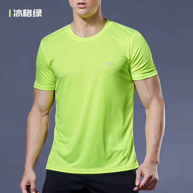 Running Shirt Dry Fit Gym Shirt Men Breathable Sports Training Quick Drying Elastic Exercise Fitness Gym Short Sleeve Reflective