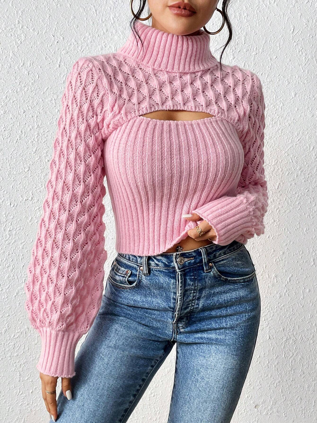 Chiquease Solid Turtleneck Cut Out Front Cable Knit Sweater,Long Sleeve Tops Knit Pullover Fall Winter Sweater