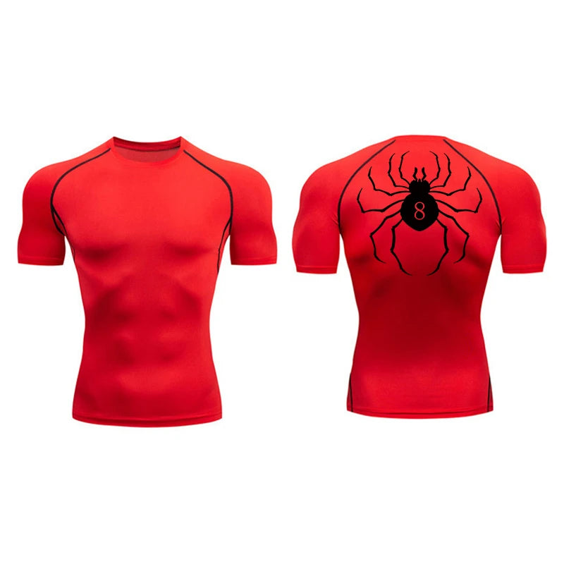 Spider Print Compression Shirt for Men Short Sleeve Rash Guard Gym Workout Undershirts Baselayers Athletic Quick Dry T-Shirt Tee