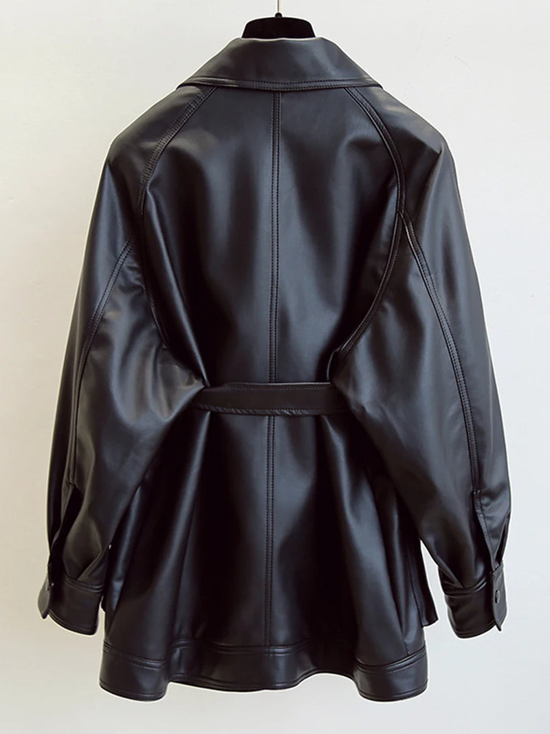 Slim PU Coats Women Faux Leather Jackets Vintage Motor Biker Jackets Elegant Tie Belt Waist Pockets Buttons Coats