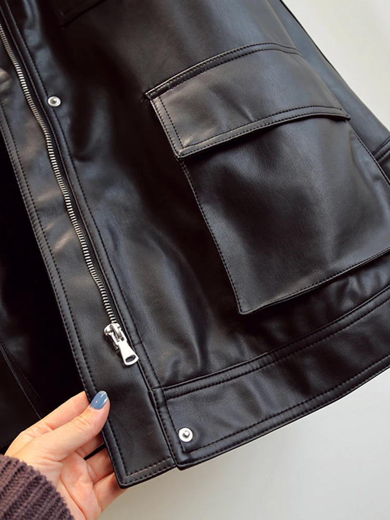 Slim PU Coats Women Faux Leather Jackets Vintage Motor Biker Jackets Elegant Tie Belt Waist Pockets Buttons Coats