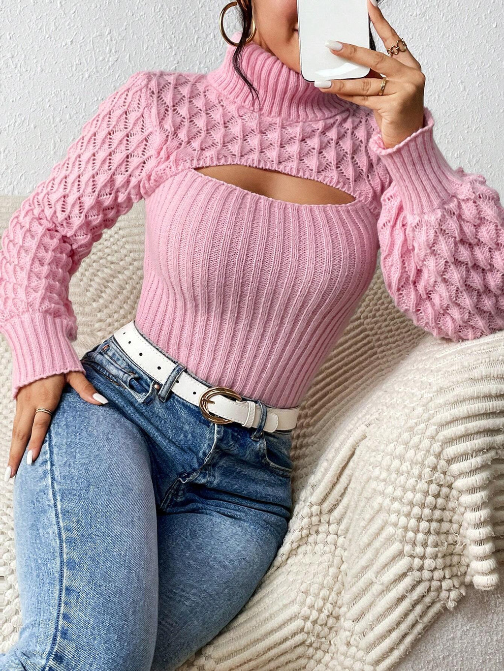 Chiquease Solid Turtleneck Cut Out Front Cable Knit Sweater,Long Sleeve Tops Knit Pullover Fall Winter Sweater