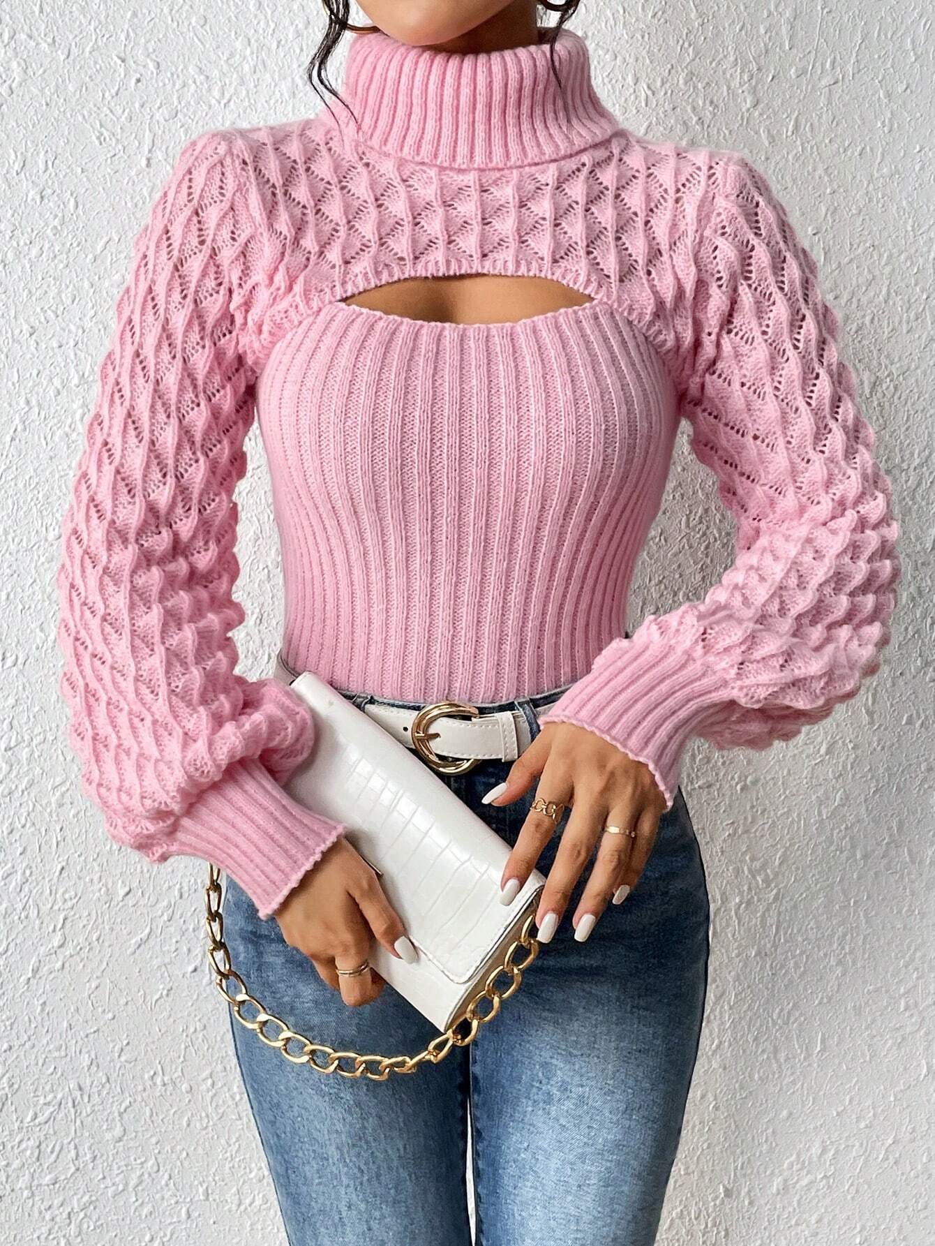 Chiquease Solid Turtleneck Cut Out Front Cable Knit Sweater,Long Sleeve Tops Knit Pullover Fall Winter Sweater