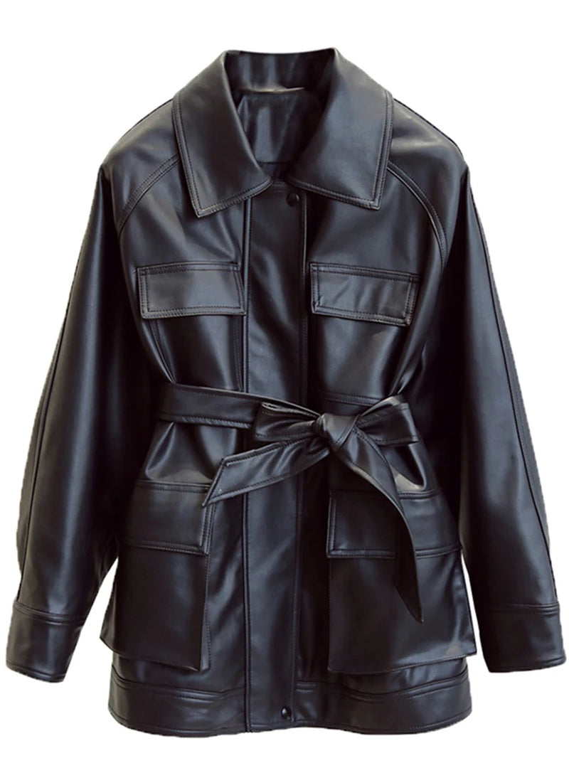 Slim PU Coats Women Faux Leather Jackets Vintage Motor Biker Jackets Elegant Tie Belt Waist Pockets Buttons Coats