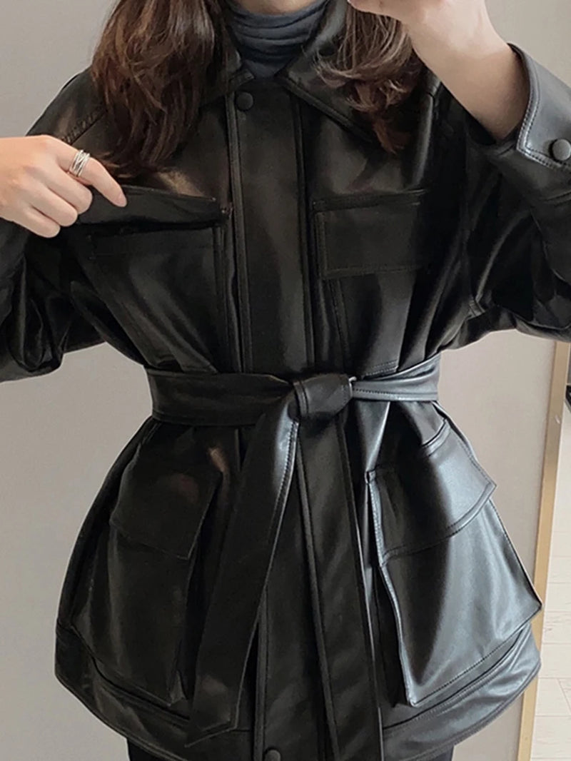 Slim PU Coats Women Faux Leather Jackets Vintage Motor Biker Jackets Elegant Tie Belt Waist Pockets Buttons Coats