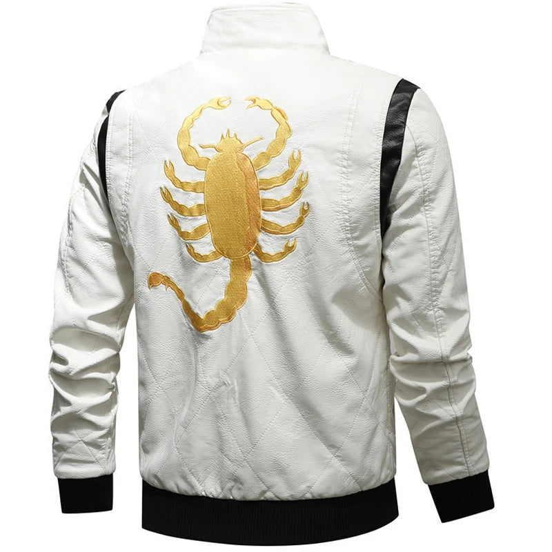 High Quality Men Leather Jacket Scorpion Embroidery Streetwear Windproof Motorcycle Biker Stand Collar Mens PU Leather Jackets