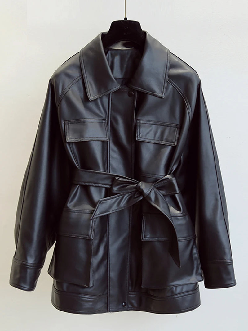 Slim PU Coats Women Faux Leather Jackets Vintage Motor Biker Jackets Elegant Tie Belt Waist Pockets Buttons Coats