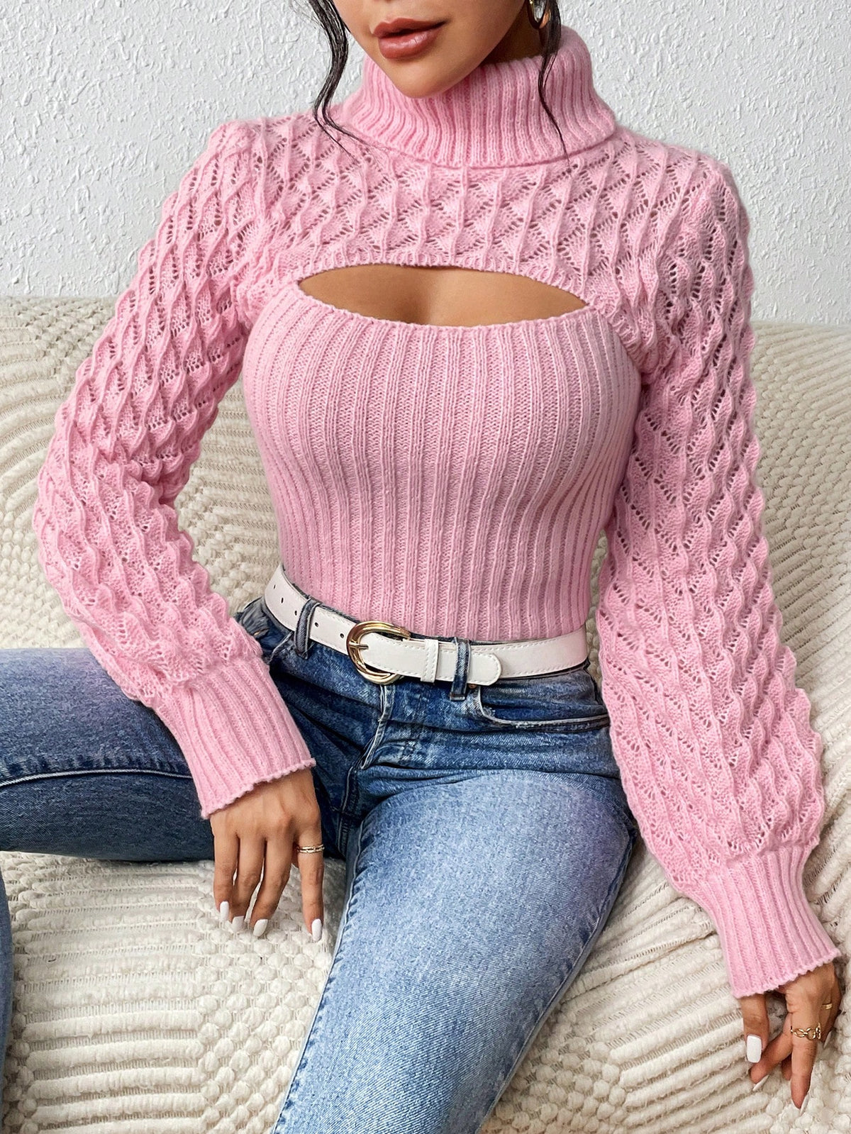 Chiquease Solid Turtleneck Cut Out Front Cable Knit Sweater,Long Sleeve Tops Knit Pullover Fall Winter Sweater