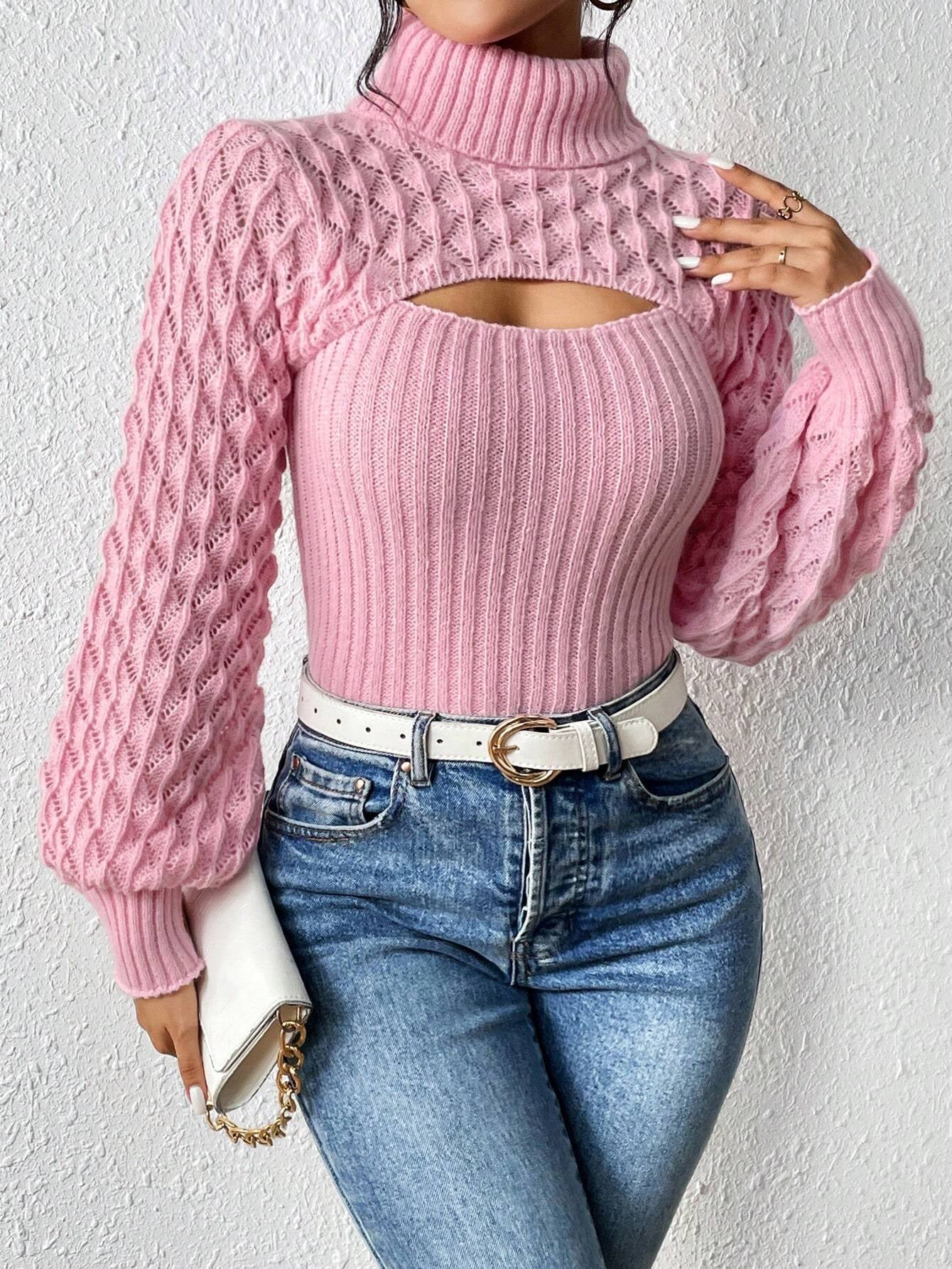 Chiquease Solid Turtleneck Cut Out Front Cable Knit Sweater,Long Sleeve Tops Knit Pullover Fall Winter Sweater