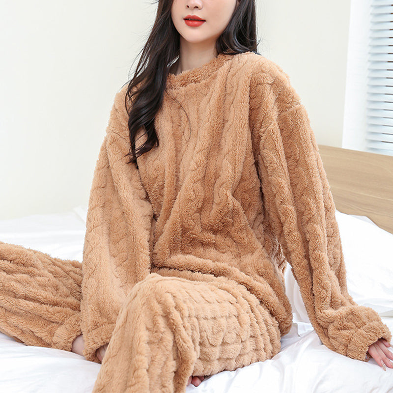 Winter Pajamas Sets Homewear Solid Color Loose Thickened Coral Velvet Pullover Long Sleeves and Trousers Warm Pajamas Indoor Outdoor Casual Clothes